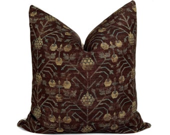 Maroon Mustard Floral Linen Pillow Cover, Botanical Throw Pillow | Decorative Cushion Cover for Couch | Fall Boho Living Room Decor