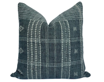 Handmade Indian Wool Pillow Cover: Blue Cream Geometric Throw Pillow
