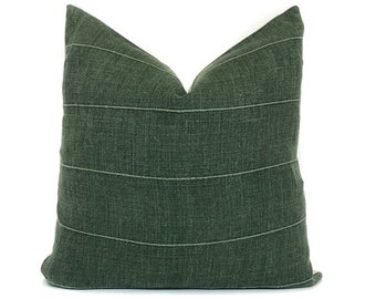 Dark Green Linen Pillow Cover: Vintage Stripe Farmhouse Decor