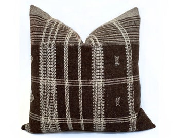 Handmade Indian Wool Pillow Cover: Brown Cream Geometric Throw (20x20)