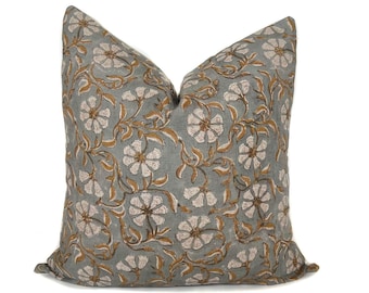 Blue Gray Floral Linen Pillow Cover, Botanical Throw Pillow | Decorative Cushion Cover for Couch | Farmhouse Cottage Living Room Decor