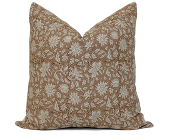 Linen Floral Pillow Cover: Rust Brown Vintage Hand-Block Print