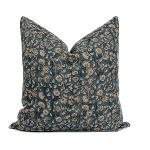 Floral Linen Pillow Cover: Blue Teal Rustic Shabby Chic Home Decor