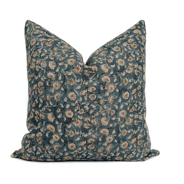Floral Pillow Cover Cotton Linen Blend Blue Teal Brown Rustic Shabby Chic Botanical Cushion Case Sofa Throw Pillow Cozy Home Décor Isla