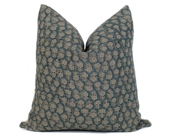 Floral Linen Pillow Cover: Blue & Brown Botanical Throw Cushion