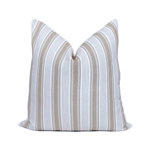 Tan and White Linen Stripe Designer Pillow Cover Neutral Throw Pillows Cushion Cover