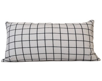 Windowpane Pillow Cover | Plaid | Black and White | Farmhouse Pillow | Throw Pillow | 12x24 lumbar | NoWPBW1224