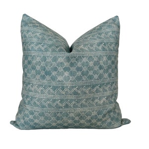May include: A teal blue throw pillow with a white geometric pattern. The pattern features small white dots and a repeating design of triangles and circles.