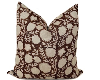 Floral Block Print Pillow Cover, Linen Cotton Throw Pillow | Decorative Cushion Cover for Couch | Boho Cottage Living Room Decor 20x20