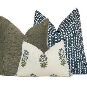 Designer Linen Pillow Cover Set of 3 Blue Cream Olive Green Plain Floral Cushion Case Set Decorative Couch Sofa Bed Throw Pillow Combo 18
