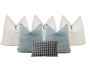 Pillow Combination | Santa Monica King Bed Combo | 6 Pillow Covers, Bastideaux Bogo, Cream Mudcloth, Vintage Blue Stripe, Designer Pillows