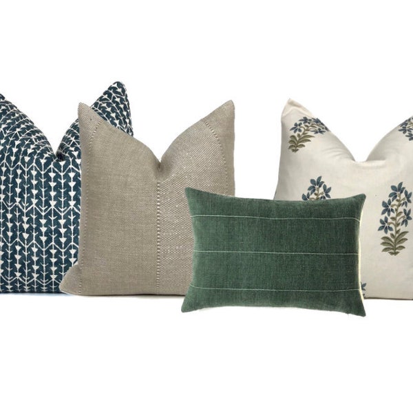 Linen Pillow Cover Set: Floral Geometric Cushion Covers, Green & Blue