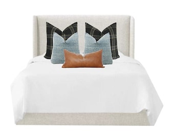 Queen Bed Pillow Cover Set: Plaid, Linen Stripe, Faux Leather