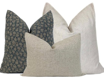 Neutral Pillow Cover Set, Floral Stripe Textured Throw Pillows | Decorative Couch Cushion Covers | Modern Designer Living Room Decor