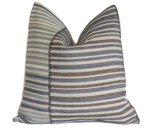 Blue Gray Striped Pillow Cover: Handwoven Cotton Jute Decorative Cushion