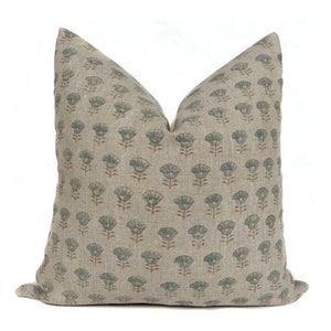 Blue Floral Linen Pillow Cover: Beige & Green Botanical Throw Pillow