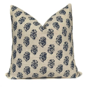 Blue Floral Block Print Pillow Cover: Farmhouse Throw Pillow