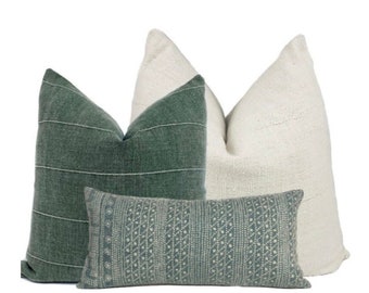 Linen Pillow Cover Set: Green, Blue, Striped Geometric Coastal Pillows