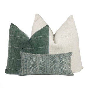 Linen Pillow Cover Set: Green, Blue, Striped Geometric Coastal Pillows