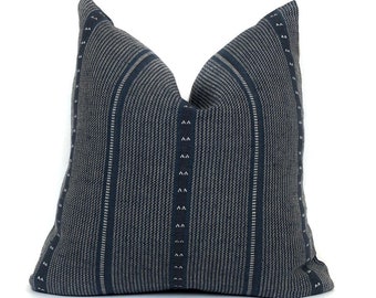 Navy Blue Striped Linen Pillow Cover, Nautical Throw Pillow | Coastal Decorative Cushion Cover | Modern Beach House Living Room Decor
