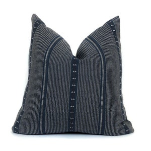 Navy Blue Pillow Cover Linen Cotton Blend Geometric Striped Square or Lumbar Cushion Case Couch Sofa Chair Throw  Decorative Dark Pillow