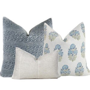 Blue Green Floral Linen Pillow Cover Set: Designer Sofa Throw Pillows
