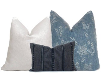 Pillow Combo # 25 3 Pillow Covers Blue Pillows Throw Pillows Decorative Pillows Coastal Pillows Botanical Pillows Floral Pillows Navy Pillow