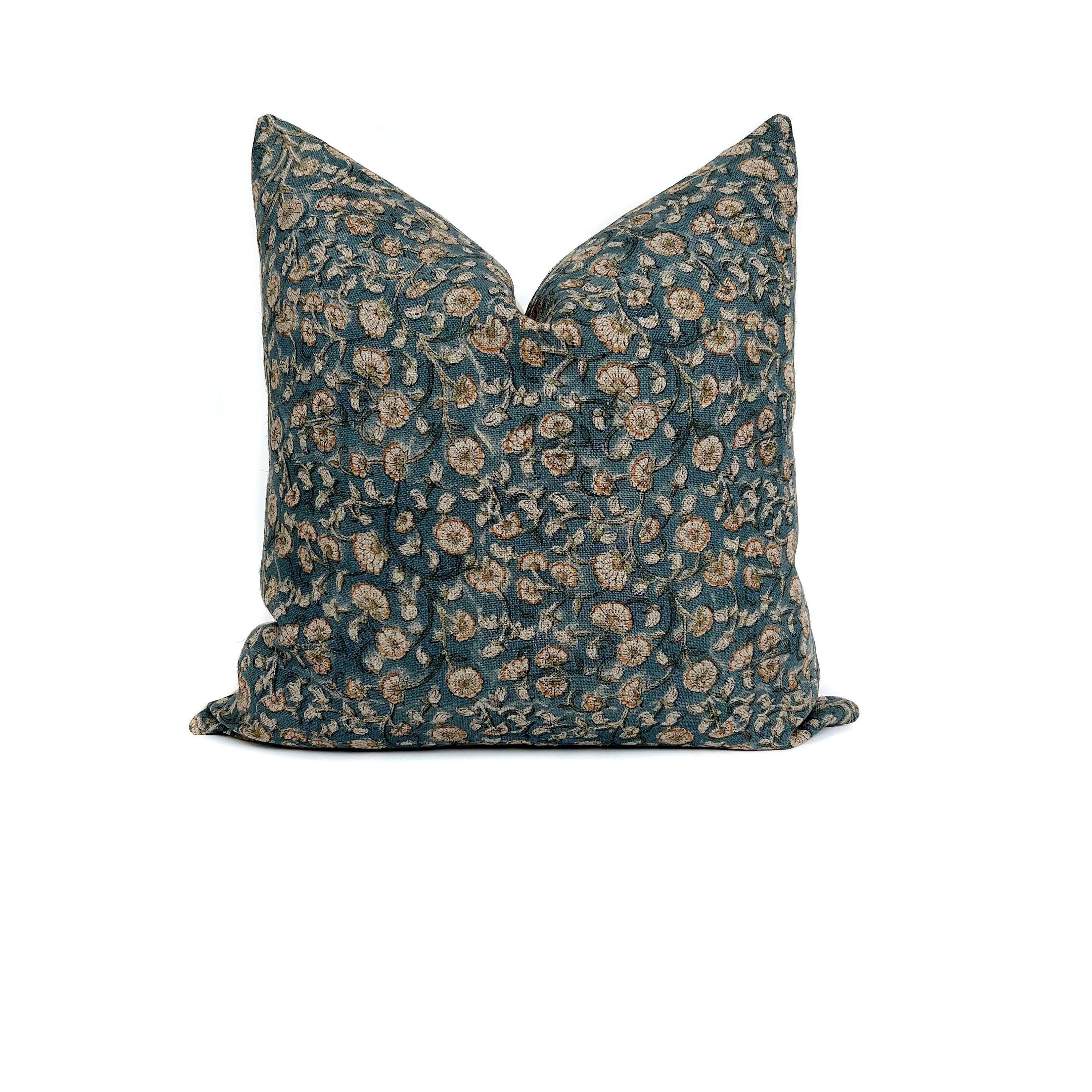 Floral Linen Pillow Cover: Blue Teal Rustic Shabby Chic Home Decor