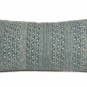 May include: A blue and white patterned lumbar pillow with a geometric design.