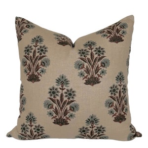 Blue Floral Linen Pillow Cover: Beige Cotton Blend, Farmhouse Style