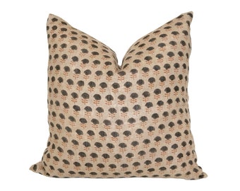 Green Floral Block Print Pillow Cover: Natural Linen Throw Pillow