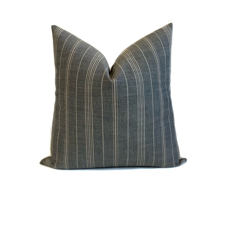 Grey Striped Indoor Outdoor Pillow Farmhouse Designer Sutton Stripe Pumice Throw Pillow Covers Perennials One Affirmation image 1