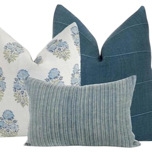 Floral Linen Pillow Cover Set: Blue, Green, and Cream Designer Throw Pillows