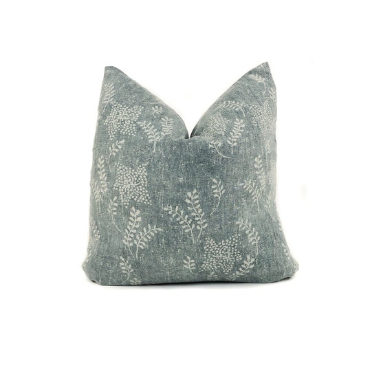 Greenish Blue Floral Pillow Cover Sage Denim Pillow Cover Faded Floral Pillow