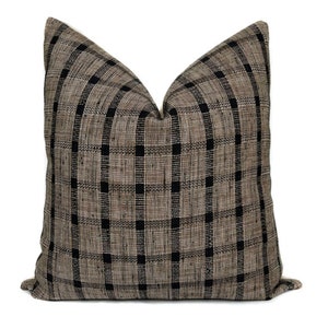 Plaid Pillow Cover in Black and Tan Classic Neutral Versatile Cushion Case for Lounge Living Room Farmhouse Cottage Decorative Throw Pillow