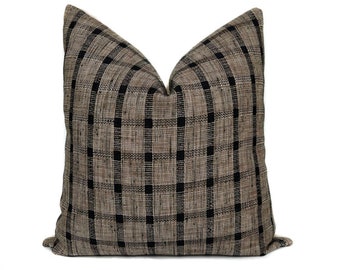 Plaid Pillow Cover in Black and Tan Classic Neutral Versatile Cushion Case for Lounge Living Room Farmhouse Cottage Decorative Throw Pillow