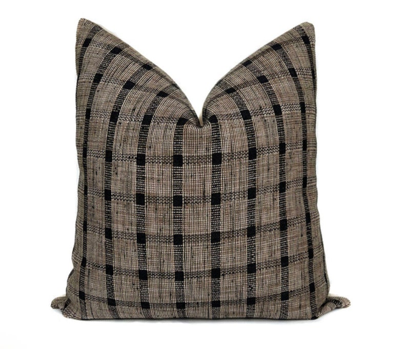 Plaid Pillow Cover in Black and Tan Classic Neutral Versatile Cushion Case for Lounge Living Room Farmhouse Cottage Decorative Throw Pillow image 1