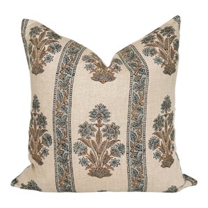 Blue Green Floral Linen Pillow Cover: Farmhouse Sofa Cushion