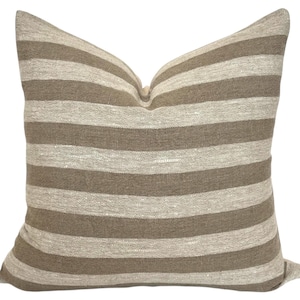 Brown & Natural Stripe Linen Pillow Cover: Rustic Farmhouse Throw Pillow