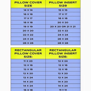 May include: A chart detailing pillow cover and pillow insert sizes. Square sizes range from 14x14 inches to 26x26 inches. Rectangular sizes include 11x23 inches for covers and 12x24 inches for inserts. The chart is on a white background.