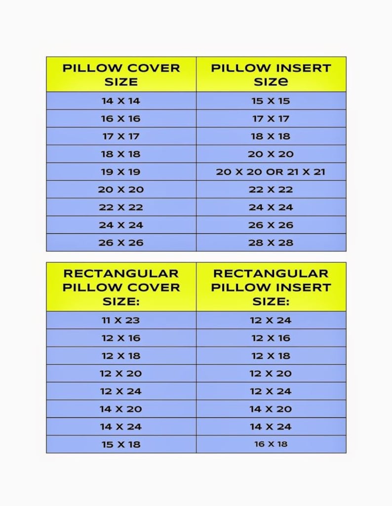 May include: A chart detailing pillow cover and pillow insert sizes. Square sizes range from 14x14 inches to 26x26 inches. Rectangular sizes include 11x23 inches for covers and 12x24 inches for inserts. The chart is on a white background.