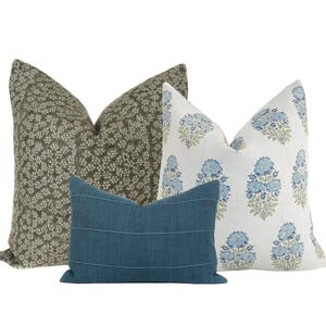 Floral Linen Pillow Cover Set: Blue, Green, Sage Designer Throw Pillows
