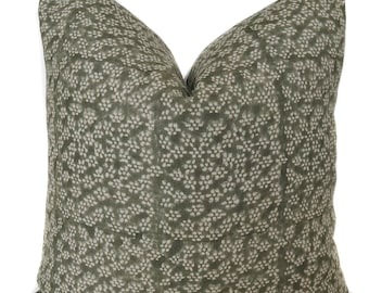 Green Floral Linen Pillow Cover:Designer Botanical Throw Pillow
