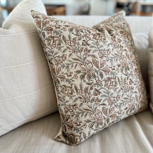 Floral Linen Pillow Cover: Beige, Rust & Mustard Botanical Throw Pillow