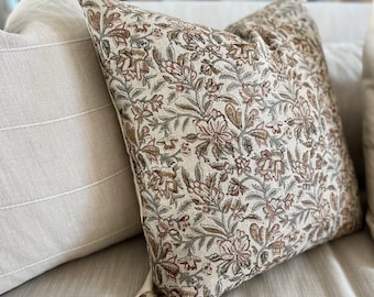 Floral Linen Pillow Cover: Beige, Rust & Mustard Botanical Throw Pillow