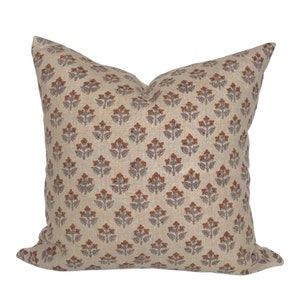 Floral Linen Pillow Cover: Rust Orange & Gray Botanical Print