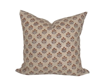 Floral Linen Pillow Cover: Rust Orange & Gray Botanical Print