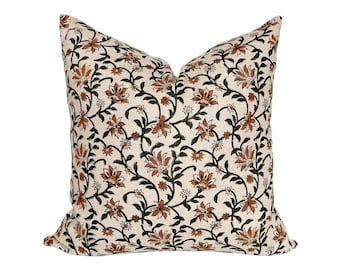 Orange & Green Floral Block Print Pillow Cover: French Linen Throw Pillow