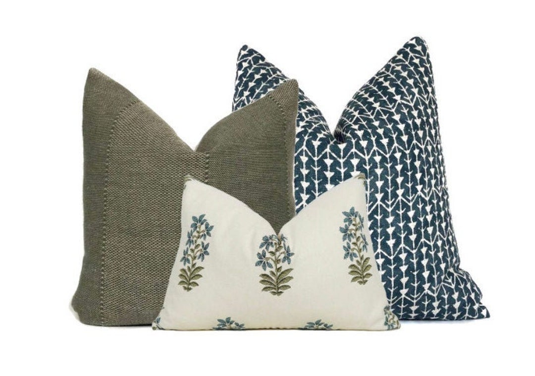 Pillow Cover Set of 3 Blue Cream Olive Green Plain Floral Cushion Case