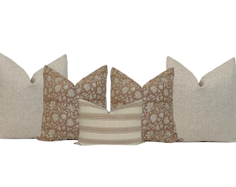 Neutral Brown & Cream Pillow Cover Set: Linen Blend Throw Pillows